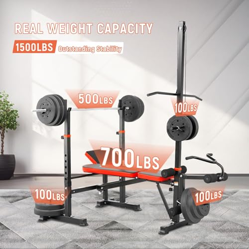 MAIDOMA 1500LBS Foldable 8 IN 1 Weight Bench Set, Adjustable Flat Incline Decline Bench Press with Upgraded Wide Squat Rack and Leg Extension for Full Body Home Gym Workout (US Stock) - color: ruby red