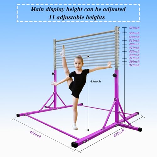Gymnastics Bar for Kids Girls Ages 3-15 with Ring for Home Indoor Training Equipment- Steady Steel Construction, Anti-Slip, Easy to Assemble, 3' to 5' Adjustable Height - color: PURPLE, size: 4.8FT, style: FOLDABLE BAR WITH RING