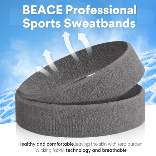BEACE Sweatbands Sports Headband for Men & Women - Moisture Wicking Athletic Cotton Terry Cloth Sweatband for Tennis, Basketball, Running, Gym, Working Out - color: Gray