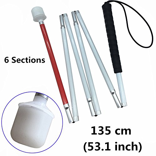 Aluminum Mobility Folding White Cane for Vision Impaired and Blind People (Folds Down 6 Sections) (135cm (53.1inch, Black Handle) - color: Black Handle, size: 53.1 Inch (Pack of 1)