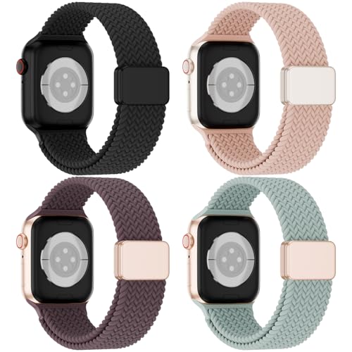 4 Pack Magnetic Stretchy Braided Sport Loop for Apple Watch Band Women Men | Nylon Elastic Strap Compatible with iWatch Series 11/10/9/8/SE/7/6/5/4/Ultra 3 2 for 38mm 40mm 41mm 42mm 44mm 45mm 46mm 49mm - color: Black/Sand Pink/Dark Cherry/Cactus, size: 38