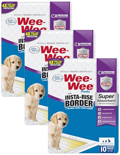 Four Paws Wee-Wee Super Absorbent Unscented Pee Pads for Dogs & Puppies with Insta-Rise Border, Leak-Proof Dog Housebreaking Potty Training Floor Protection, 22" x 23", 10 Count (Pack of 3) - size: 22" x 23" (Pack of 3)