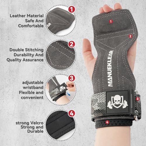 MANUEKLEAR Gym Straps Weight Lifting, Double Leather Lifting Straps for Men Deadlift with Cushion Wrist Loop, Gym Lifting Wrist Wraps for Weightlifting - color: Size S - Gray