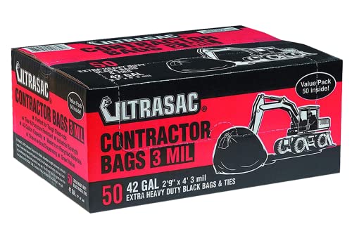 Ultrasac Heavy Duty Contractor Bags (VALUE 50 PACK/w TIES), 42 Gallon, 32.75" X 47" - 3 MIL Thick Large Black Industrial Garbage Trashbags for Construction and Commercial use - size: 1 Count (Pack of 50)
