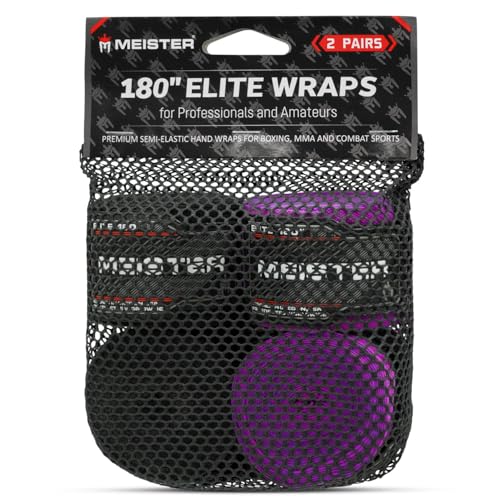 'Meister Elite 180'' Premium Adult Hand Wraps for MMA & Boxing - 2 Pair Pack w/Mesh Bag' | Premium double-woven elastic blend, maximum wrist support and knuckle protection for boxing, MMA and Muay Thai - color: Black & Royal Purple