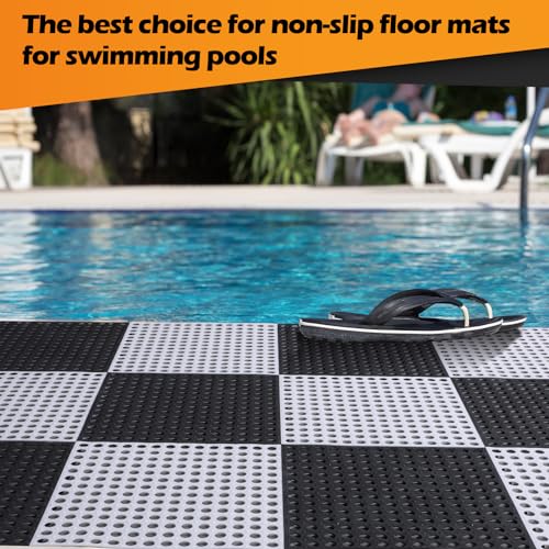 Tinideya 50 Pcs Drainage Interlocking Floor Tiles, 12'' x 12'' Soft TPE Non Slip Shower Floor Tiles for Pool Bathroom Shower Balcony Patio Locker Room Basement Stairs(Dark Gray and White) - color: Dark Gray and White