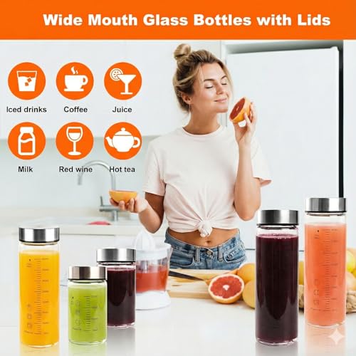Glass Juice Bottles 6 Pack 16 oz - Wide Mouth Glass Water Bottles with Lids - for Juicing, Protein, Smoothie, Milk, Reusable, BPA Free, Stainless Steel Lids, Blender, Shaker Bottle (500ml) - color: 6-Pack (ml), size: 16oz/500ml