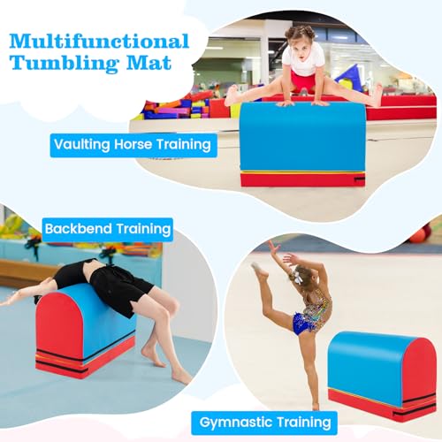 Goplus Mailbox Tumbling Mat, Gymnastics Vaulting Box w/Detachable Mat, Carrying Handle, Premium PU Leather, Portable Jumping Tumbling Aid Trainer for Kids Home Gyms Exercise - color: Red+Navy Blue
