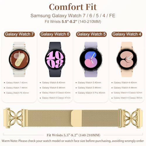 Getino Magnetic Metal Strap Compatible with Galaxy Watch 7 Band, Galaxy Watch 6 Classic Band FE 5 Pro 4 Active 2, 20mm Milanese Floral Dressy Wristband for Samsung Watch Bands Women 40mm 44mm 45mm - color: Gold