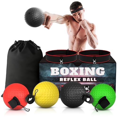Boxing Reflex Balls Set - 4 Same Weight Color Balls, 2 Adjustable Headbands for Reaction Time Training, Hand-Eye Coordination, Hand Speed and Focus | Beginner to Advanced Drills, Boxing Training Kit