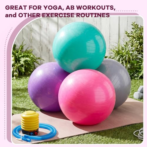 Leyndo 4 Pcs 26 Inch Yoga Exercise Ball Pilates Pregnancy Birthing Fitness Ball with Quick Pump Anti Burst for Improved Posture, Balance, Yoga, Pilates, Training - color: Pink Green Gray Set