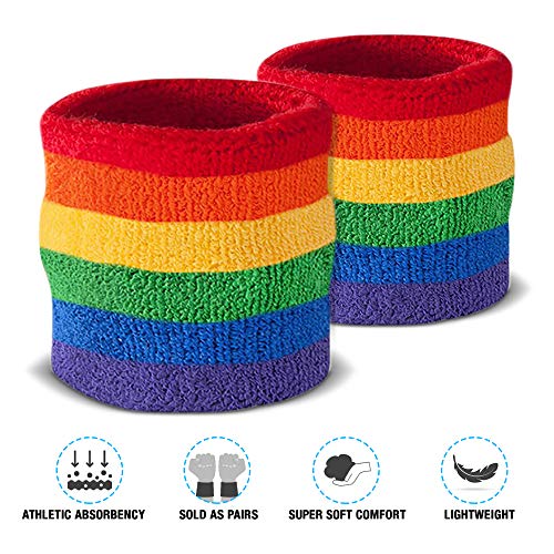 Suddora Striped Sweatband Set, Moisture Wicking 2 Wristbands and 1 Headband, Breathable Athletic Sweat Bands for Sports, Costumes & Cosplay, Matching Bands to Wear with Jersey - color: Rainbow