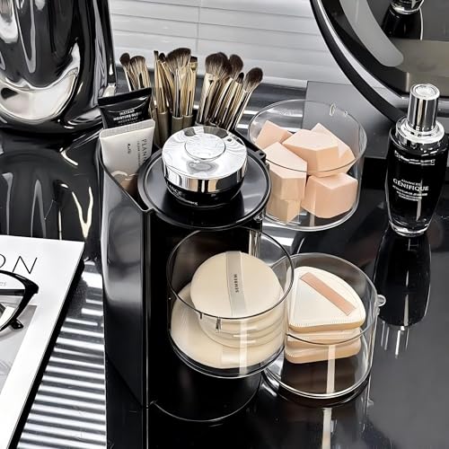 Azurphoric Hair Accessories Organizer with Hair Brush Holder, Rotatable Makeup Brush Holder for Necklaces, Earring, Bracelet, Ring, Makeup Brushes, Hair Clip and Hair Accessories (Black, 3-Layer) - color: Black, size: 3-Layer