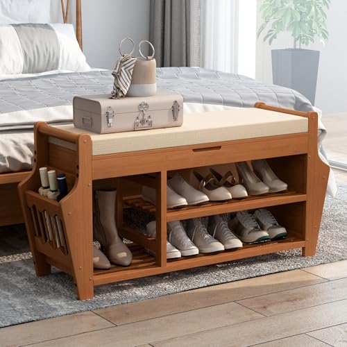 oakvivo 39.4in Shoe Bench with 2 Side Holder, 3 Tier Bamboo Entryway Bench with Storage, Shoe Rack Bench Organizer with Cushion for Entryway Hallway Living Room, Holds up to 330lbs - size: 39.4 inch