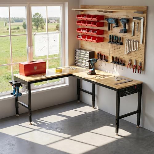 Betterhood 84" 2-in-1 Convertible Adjustable Workbench, L-Shaped & Extended 5000 LBS Heavy Duty Work Table with Power Outlets & Pegboard, Rubber Wood Workstation for Garage, Workshop - size: Rubber Pad/ Power Outlets/ 2 Pegboard/ 84"x20"x37"