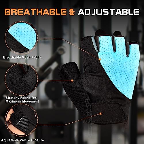 sunnex Workout Gloves for Women - Breathable Weight Lifting Gloves with Non-Slip Silicone Padding, Fingerless Gym Gloves for Cycling, Rowing, Pull Ups & Training (4 Sizes) - color: JS-BLUE, size: Medium