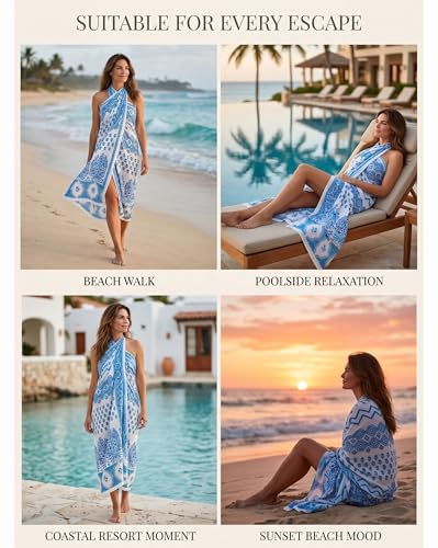 Beach Cover Ups for Women, Cotton Sarong Wrap Pareo | 100% Cotton Sarong Wraps For Women, 73 x 44 In. Pareo Beach Wrap, Bikini Cover Up, Bathing Suit Cover Up, Resort Wear - color: Blue Wave