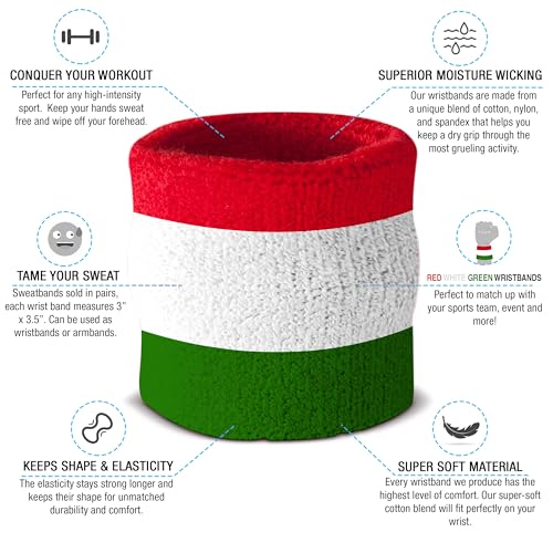 Suddora Striped Sweatband Set, Moisture Wicking 2 Wristbands and 1 Headband, Breathable Athletic Sweat Bands for Sports, Costumes & Cosplay, Matching Bands to Wear with Jersey - color: Red White Green