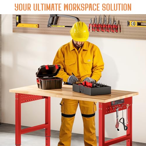 SPECRAFT Red Adjustable Heavy Duty Workbench with 4 AC Outlet and 2 USB Ports Power Outlets, 2000 Lbs Capacity, Rubber Wood Top for Garage, Workshop, Office - color: Red, size: Standard/44"x20"