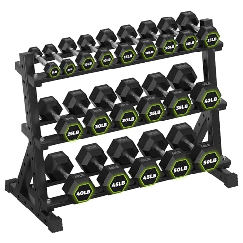 HANDBODE Dumbbell Set with 3-Tier Rack, 390-790 lb | Heavy Duty Weight Stand for Dumbbells, Space-Saving Metal Storage Organizer, Sturdy Dumbbell Holder for Home Gym - style: 550 lb Set (5-50 lb) *2 & Rack