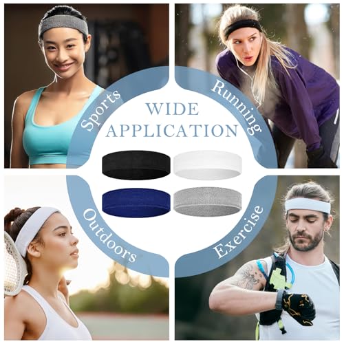 4 Pack Cotton Terry Sweat Headbands for Men Women Running Gym | 4 pack soft cotton terry headbands, Stretch 7 to 15 inches, Sweat-wicking, stays put for running, tennis, basketball & yoga - color: Black/White/Gray/Blue