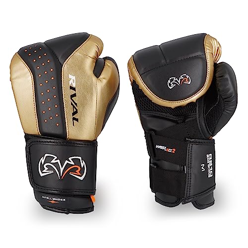 RIVAL Boxing RB10 Intelli-Shock Bag Gloves, Hook and Loop Closure - Ergonomic Fit, 1.25” of Closed Cell Foam for Intense Bag Use - color: Black/Gold, size: Small