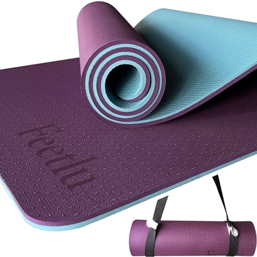 Extra Thick Yoga Mat with Carry Strap, 10mm Non-Slip Exercise Mat, 72 x 24 Inch Cushioned Workout Mat for Yoga, Pilates, Stretching & Floor Exercises - color: Dark Purple & Blue Gray