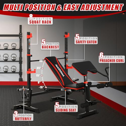 MAIDOMA Foldable 1500LBS Capacity 8 IN 1 Weight Bench Set with Leg Extension/Squat Rack/Preacher Curl, Adjustable Bench Press for Home Gym Full Body Workout (US Stock) - color: Black Red