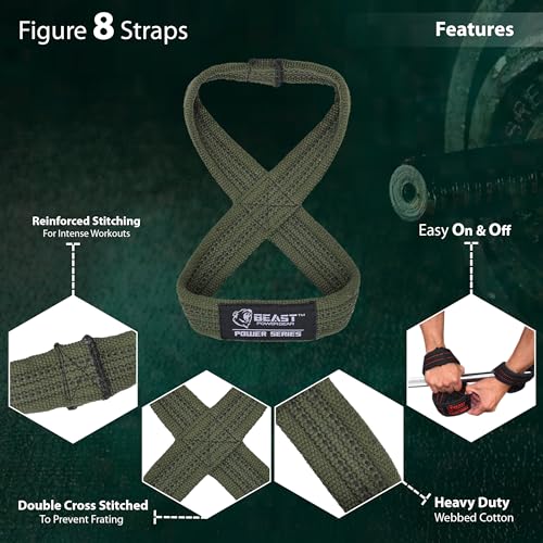 Figure 8 Lifting Strap- Strongman 10-14" Deadlift Straps- True Grip Support & Heavy Duty Wrist Straps for Weightlifting Women Men- Hand Straps for Weight Lifting Figure 8 Straps for Gym Workout - color: Green/Black, size: Large 14" - Fat or Axle Bar