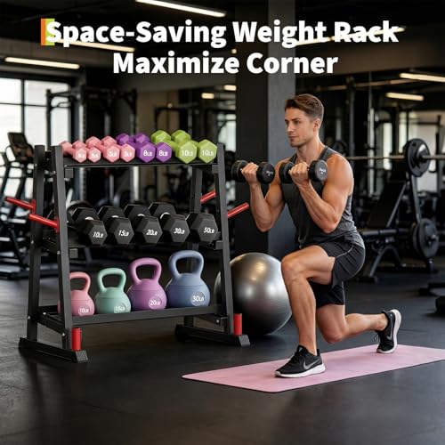 3-Tiers Dumbbell Rack, 1300LB Capacity Adjustable Weight Rack for Home Gym, H-Frame & Trapezoidal-Frame Weight Stand for Dumbells, Kettlebells, Barbells, Weight Plates - size: 48.39 x 18.7 x 36.54 Inch