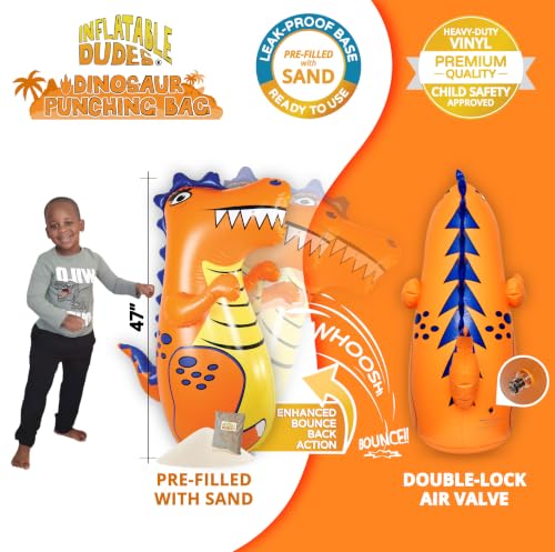 INFLATABLE DUDES Dinosaurs -Kids Punching Bag | Sand-Base | Bop Bag, Pre-filled with Sand, Inflatable Toy, Punching Bag for Kids, Enhanced Bounce-Back Action, Indoor/Outdoor - color: Orange T-Rex | Pre-filled with Sand