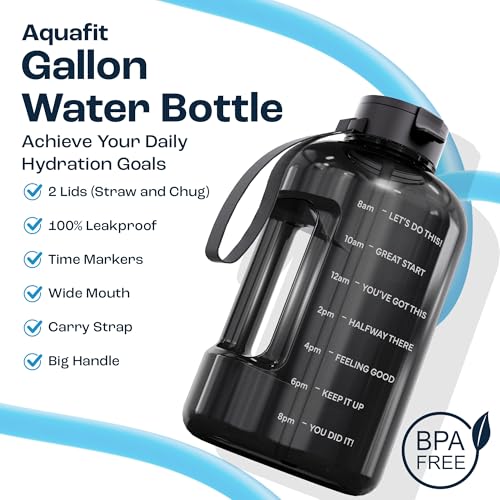 AQUAFIT 1 Gallon Water Bottle with Motivational Quotes | BPA Free 1 Gallon Water Bottle with Straw and Chug Lids - Leakproof Gym Water Bottle with Carry Handle (Blue Skies) - color: Blue Skies, size: 128 Ounces
