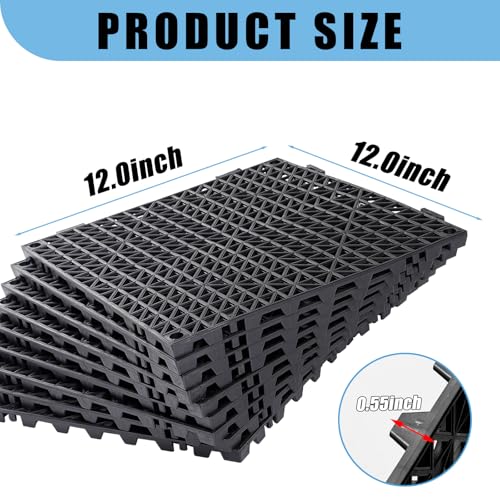 12” x 12” Drainage Interlocking Floor Tiles, 12 Pack Non-Slip Pool Deck Drain Mats for Flooring, Soft PVC Splicing Modular Cushion Mats, Rubber Floor Tiles with Holes for Shower Basement Garage Shed - size: Black