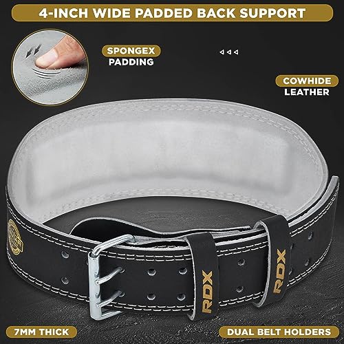 RDX Weight Lifting Belt Gym Fitness, Cowhide Leather, 4” 6” Padded Lumbar Back Support, 10 Adjustable Holes, Weightlifting Powerlifting Bodybuilding Deadlift Squat Workout Strength Training, Men Women - color: Black Gold 4 Inch, size: L Fits 28 to 32 Inch
