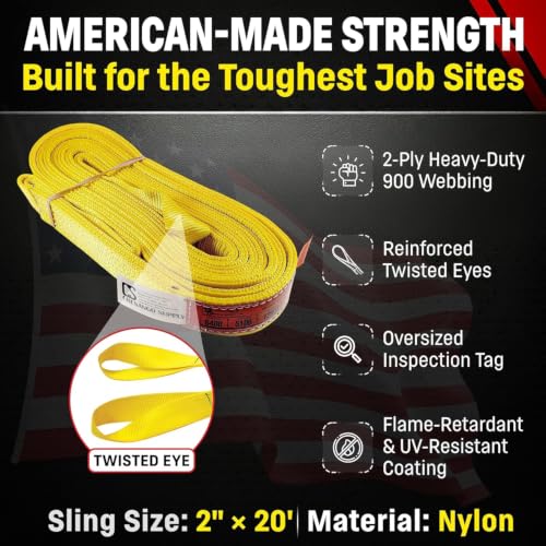 DD Sling (USA Made). 2" wide X (4' to 20' lengths) in Listing! 2 Ply Twisted Eye, Nylon Lifting Slings, Eye & Eye, Heavy Duty (900 webbing), 6,400 lbs Vertical, 5,100 Choker, 12,800 Basket Load Capacity (2inX20ft) - size: 2inX20ft