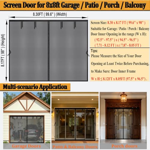 Magnetic Garage Door Screen 8x8 FT for 1 Car Garage, 8x8FT Fiberglass Screen Door, Heavy Duty Privacy Garage Net Screen, Hands-Free with 8 Roll Up Straps for Patio, Outdoor, Gym, Sun House Porch - size: 8x8ft