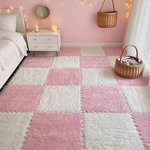 12Pcs Plush Foam Floor Mat,Plush Interlocking Carpet Tiles,Anti-Slip Square Puzzle Floor Mat,EVA Foam Area Rugs for Bedroom Playroom (White+Pink) - color: White+pink
