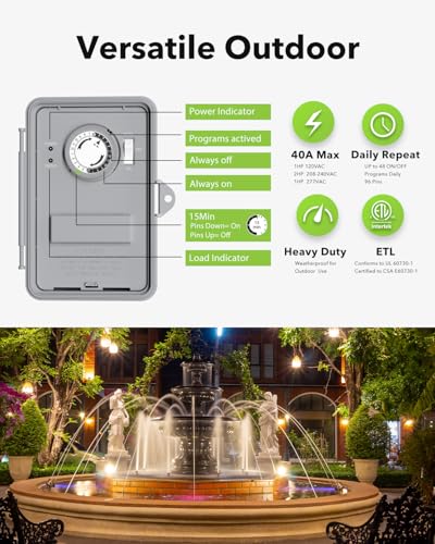 BN-LINK Pool Pump Timer, Outdoor Mechanical Timer Box, Heavy Duty 24 Hour Programmable, 2HP 40A Max, 120, 240, 277 VAC, for Pool Pump, Water Heater, Fans, SPA, ETL Listed - style: Mechanical
