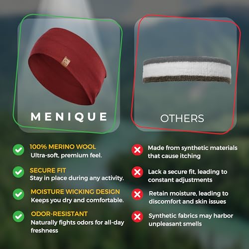 menique 100% Merino Wool Headband for Women Non Slip Stretchy Workout Sweatband Moisture Wicking Breathable Wide Hairband for Running Hiking Sport Gym Yoga Nurse Fashion (Black, One Size) - color: Red