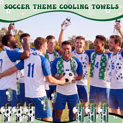 18 Set Soccer Cooling Towels with Plastic Container and Name Card 40"x12" Microfiber Breathable Chilly Ice Towel Sweat Towels Bulk for Neck Players Team Gift Sport Running Party Favors - style: Soccer 2