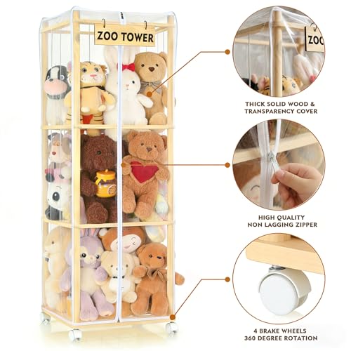 Stuffed Animal Storage Zoo with Dust Cover & Wheels — Large Wooden Stuffy Organizer Display Tower, Thick Plushie Holder with Elastic Band for Kids Room, Perfect for Nursery Bedroom Nursery Playroom