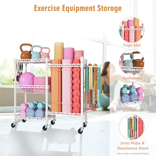 FUTASSI Home Gym Storage, 3 Tiers Workout Equipment Organizer with Wheels for Yoga Mats, Foam Roller, Dumbbells, Kettlebells, and Resistance Bands - color: White, size: Double-Row