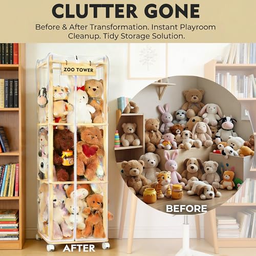 Stuffed Animal Storage Zoo with Dust Cover & Wheels — Large Wooden Stuffy Organizer Display Tower, Thick Plushie Holder with Elastic Band for Kids Room, Perfect for Nursery Bedroom Nursery Playroom
