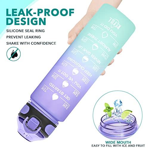 Enerbone 32 oz Drinking Water Bottle with Times to Drink and Straw, Motivational with Carrying Strap, Leakproof BPA & Toxic Free, Ensure You Drink Enough Water for Fitness Gym Outdoor - color: Light Purple Green