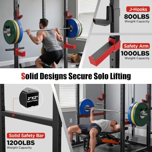 SPORTSROYALS Power Rack, Multi-Functional Power Cage, Squat Rack with Pulley System & LAT Pull Down, Workout Cage with J Hooks for Home Gym - color: Red, style: Power Cage Only