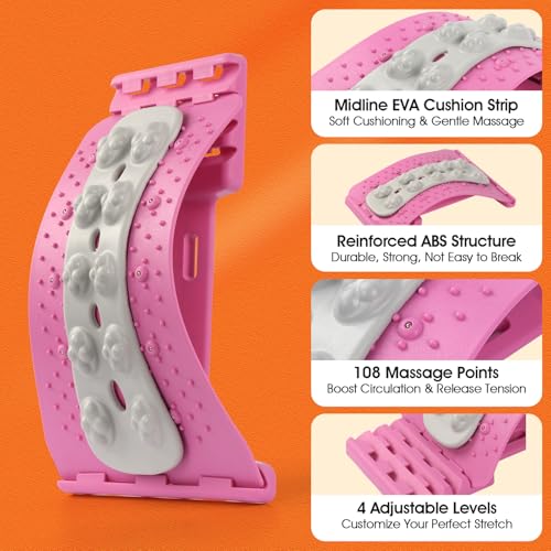 Premium Back Stretcher for Lower Back Pain Relief – 4-Level Adjustable Lumbar Support Board with Soft EVA Massage Strip – Durable & Portable Back Cracker to Release Tension and Reset Your Day (Pink) - color: Pink