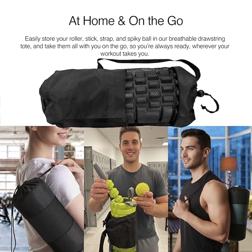 321 STRONG 5 in 1 Foam Roller Set with Hollow Core Deep Tissue Massager, Muscle Roller Stick, Stretching Strap, Spikey Plantar Fasciitis Ball, and Carry Bag, with 4K eBook - color: Bold Black