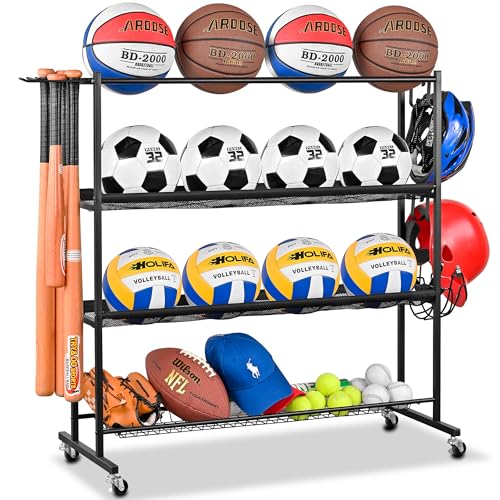 Mythinglogic Basketball Rack, Ball Storage with Baseball Bat Holder, Rolling Ball rack with Removable Nylon Mesh for Various Ball Sizes, Basketball Holder for Football Basketball Soccer Ball | Holds up to 12 sports balls with 2 removable nylon mesh shelve