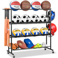 Mythinglogic Basketball Rack, Ball Storage with Baseball Bat Holder, Rolling Ball rack with Removable Nylon Mesh for Various Ball Sizes, Basketball Holder for Football Basketball Soccer Ball | Holds up to 12 sports balls with 2 removable nylon mesh shelve