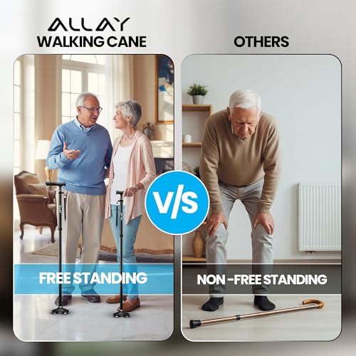 Allay Walking Canes for Men & Women - Adjustable Canes for Women for Stability, Self Standing Wide Quad Pivot Base, Light Weight, Soft Handle Grip and Travel Bag, Walking Sticks for Seniors - color: Black